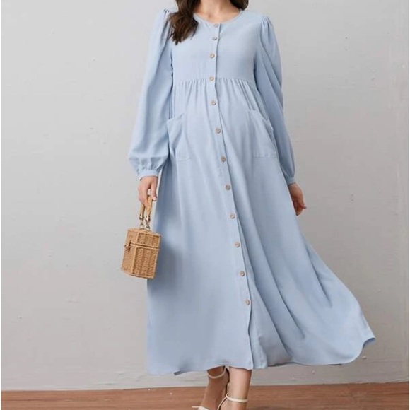 SHEIN Maternity Lantern Sleeve Patch Pocket Button Front Dress Size M - Picture 2 of 8